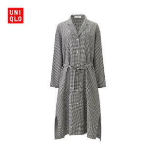 ユニクロ(UNIQLO)のUNIQLO　リネン（麻）ギンガムチェックワンピース　リネン シャツワンピース(ロングワンピース/マキシワンピース)