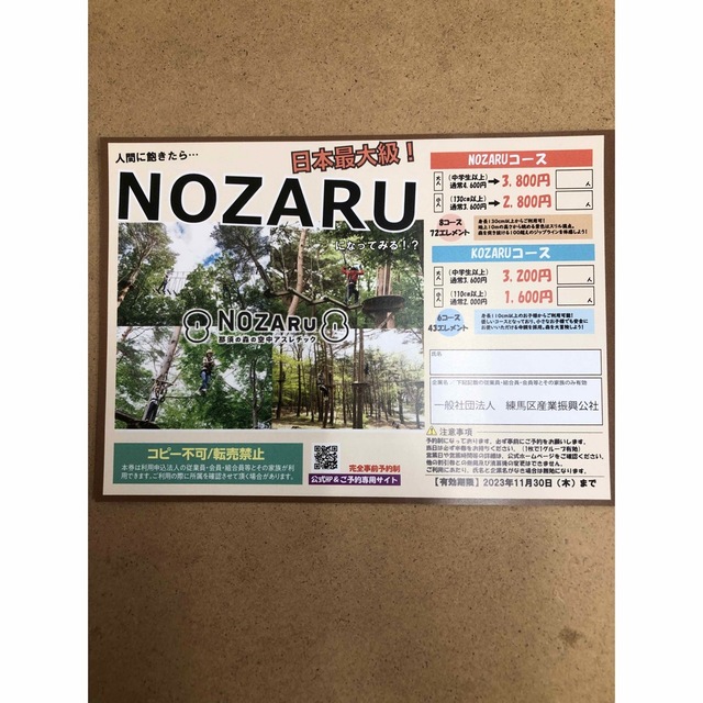 那須ハイランドパーク優待券/NOZARU那須の森の空中アスレチック チケットの施設利用券(遊園地/テーマパーク)の商品写真