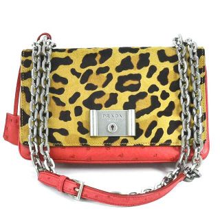 プラダ(PRADA)のプラダ PRADA 斜め掛けショルダーバッグ オーストリッチ/ハラコ レオパード×レッド レディース 1BD009 送料無料【中古】 h29305a(ショルダーバッグ)