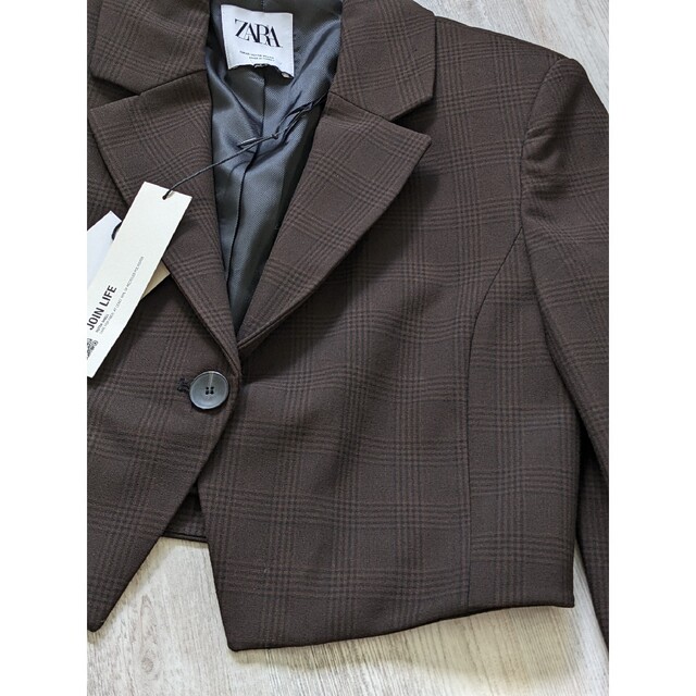 ZARA - ZARA クロップドチェックブレザー XSサイズ ブラウン ZARA - ZARA クロップドチェックブレザー XSサイズ ブラウン