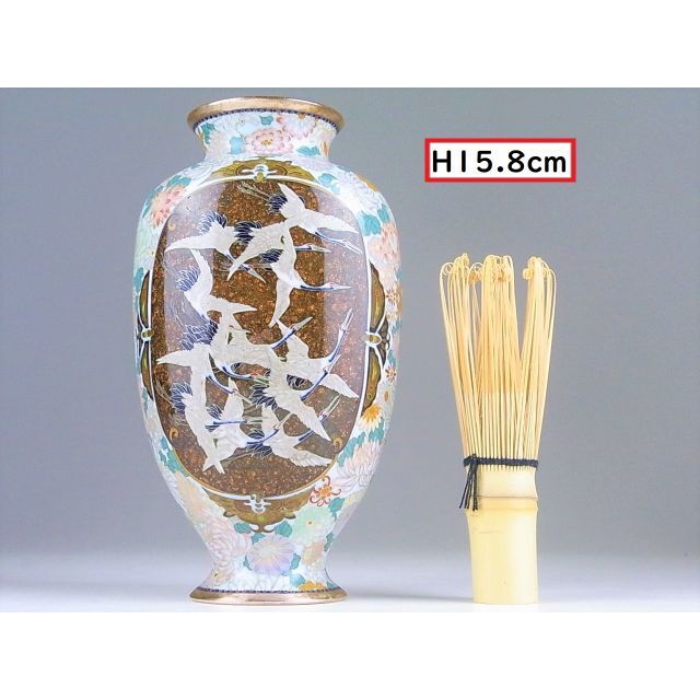 【 D454 】 超別格品　明治期尾張七宝上手作品　華詰め鶴蛍文銀線七宝花瓶