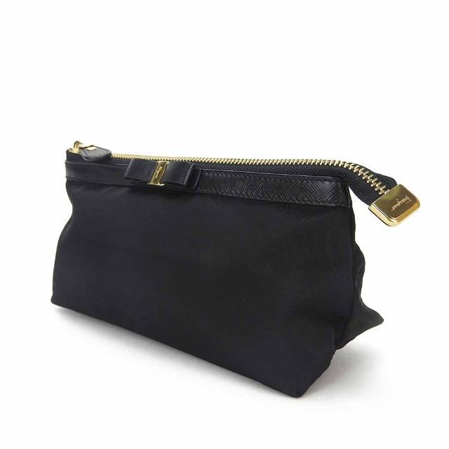 Salvatore Ferragamo サルヴァトーレフェラガモ AU-22/BO55 ヴァラリボン メイクポーチ 小物ナイロン レザー 革 ゴールド金具 pouch nylon leather ribbon black