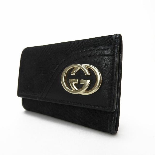 【中古】 GUCCI グッチ 181599 GGキャンバス キーケース6連 ロゴ ブラック 黒 レザー 革 小物 鍵 ゴールド金具 Key Case  Black Gold