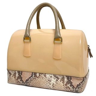 フルラ(Furla)のフルラ ハンドバッグ ビニール パイソン風　レザー ピンク 中古　FURLA (ハンドバッグ)