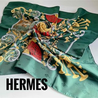 エルメス(Hermes)のHERMES エルメス　管楽器　パイプオルガン　シルクスカーフ　カレ90  緑(バンダナ/スカーフ)