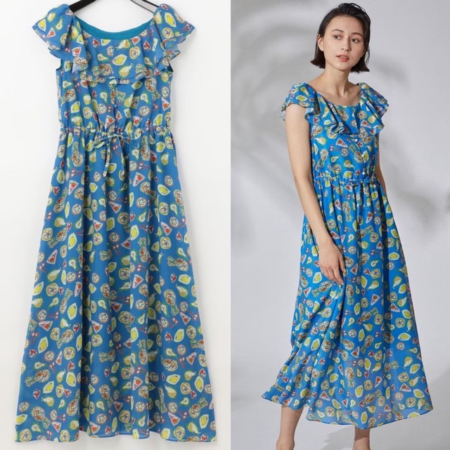 GRACE CONTINENTALフルーツ柄シフォンフリルリボンフレアワンピース