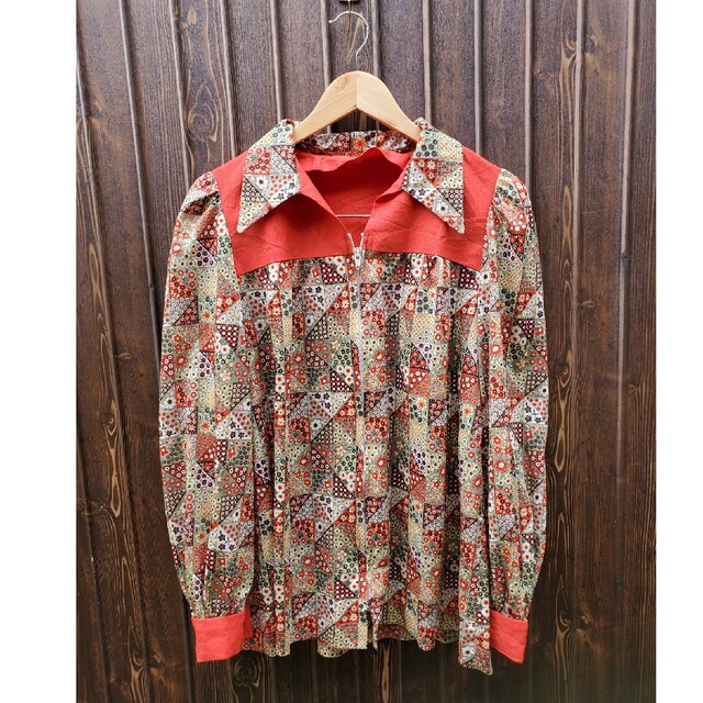 70s vintage パッチワーク柄 フルジップ ハンドメイド シャツ - シャツ