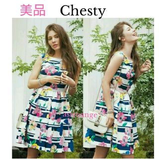 チェスティ(Chesty)の【美品】Chesty バードフラワーワンピース　ネイビー　Ｍ(ひざ丈ワンピース)