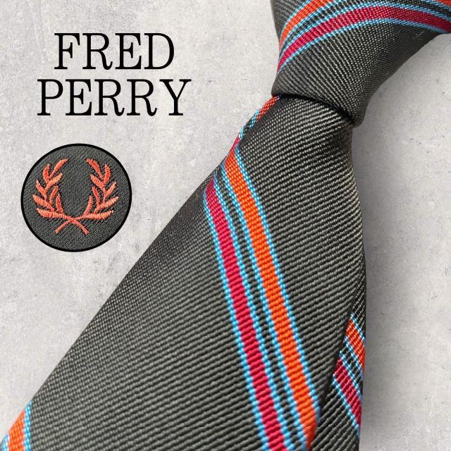 FRED PERRY(フレッドペリー)の美品 FRED PERRY フレッドペリー ストライプ ナロータイ ネクタイ 緑 メンズのファッション小物(ネクタイ)の商品写真