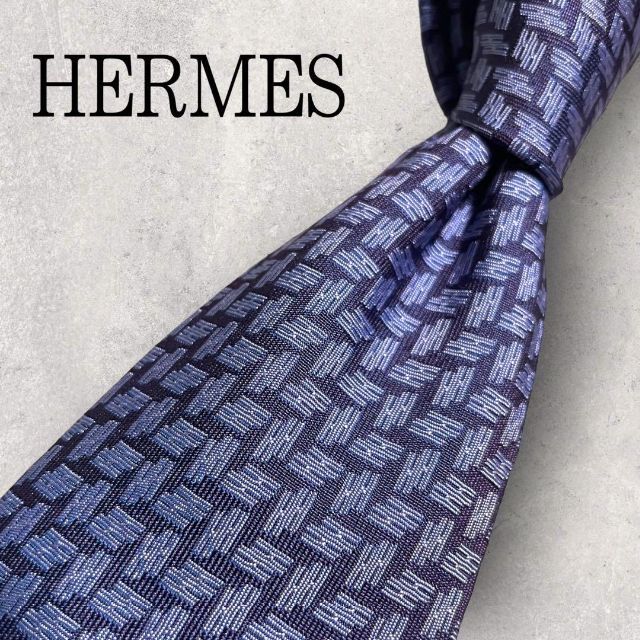 美品 HERMES エルメス H柄 ジャガード ネクタイ ネイビー 紺