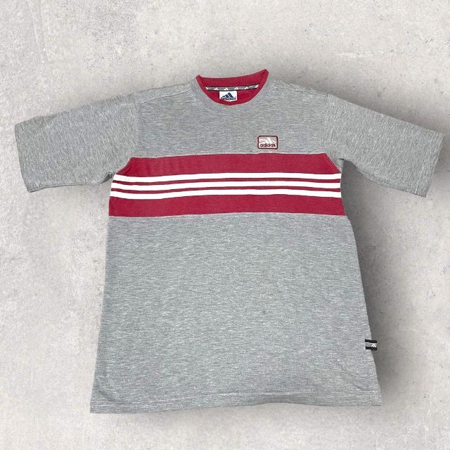 adidas(アディダス)の美品 90s adidas アディダス ボーダー Tシャツ ワッペン グレー メンズのトップス(Tシャツ/カットソー(半袖/袖なし))の商品写真