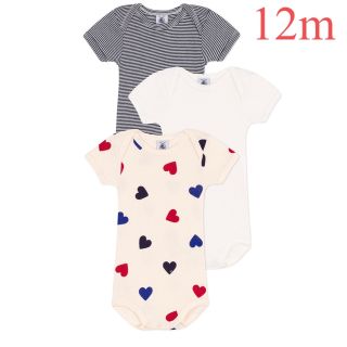 プチバトー(PETIT BATEAU)の新品 プチバトー 半袖 ボディ３枚組 ハート トリコロール 12m(肌着/下着)