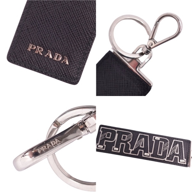美品 プラダ PRADA キーホルダー キーリング バッグチャーム ロゴ レザー メンズ レディース ブラック