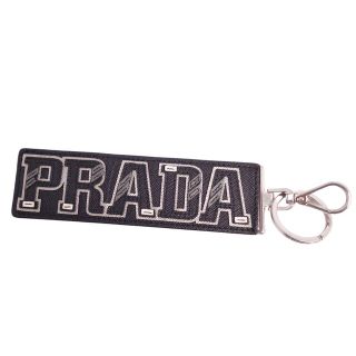 美品 プラダ PRADA キーホルダー キーリング バッグチャーム ロゴ レザー メンズ レディース ブラック