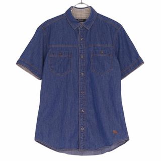 バーバリーブルーレーベル(BURBERRY BLUE LABEL)の美品 バーバリー ブラックレーベル BURBERRY BLACK LABEL シャツ デニム 半袖 ショートスリーブ ロゴ刺繍 トップス メンズ 2(M相当) インディゴブルー(シャツ)