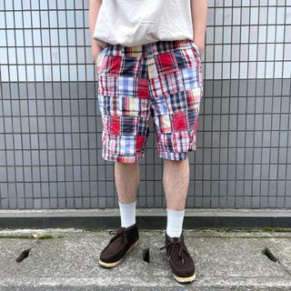 US古着 トミーヒルフィガー TOMMY HILFIGER ショートパンツ パッチワーク マドラスチェック柄 ロゴ 刺繍 サイズ：W34 レッド×ホワイト×ネイビー 【中古】(スラックス/スーツパンツ)