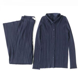 プリーツプリーズイッセイミヤケ(PLEATS PLEASE ISSEY MIYAKE)の極美品△正規品 プリーツプリーズ イッセイミヤケ レディース ジャケット+ロングパンツ セットアップ 上下セット ネイビー 3・3 日本製(その他)