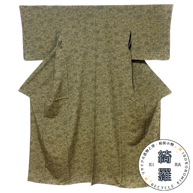 《#Kira76》着物 小紋 単衣 緑 カーキ 唐草花 更紗文様のサムネイル