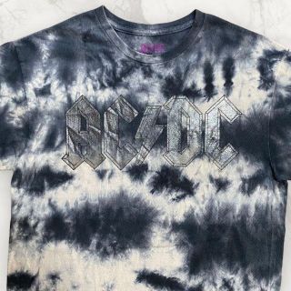 S9209 古着 ACDC   白黒 タイダイ　絞り染め　バンド Tシャツ(Tシャツ/カットソー(半袖/袖なし))