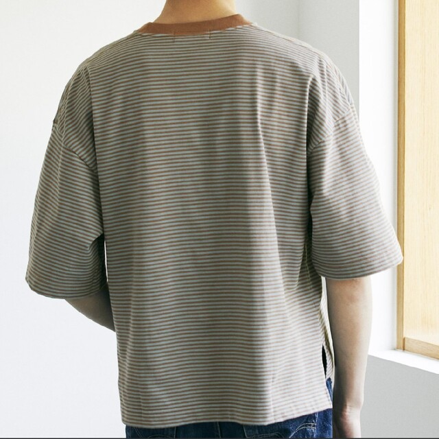 MERCERISED LOOSE BOX BORDER　ブラウン✕ブルー メンズのトップス(Tシャツ/カットソー(半袖/袖なし))の商品写真