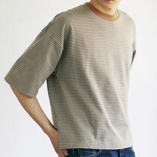 MERCERISED LOOSE BOX BORDER　ブラウン✕ブルー(Tシャツ/カットソー(半袖/袖なし))