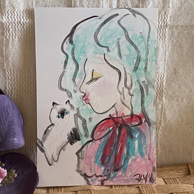 絵画。原画手描き【女の子とかわいい猫】03の通販 by アカザ麦