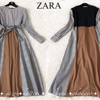 ザラ(ZARA)のZARA ザラ パッチワーク 異素材 切り替え ロングワンピース 総柄 リボン(ロングワンピース/マキシワンピース)