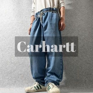 カーハート(carhartt)の【カーハート】革ロゴ タグ ワイド ルーズ 色落ち デニム ジーンズ 青 W42(デニム/ジーンズ)