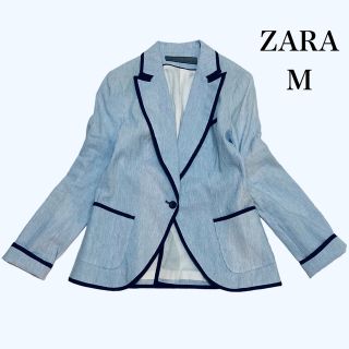 ザラ(ZARA)の【美品】ZARAザラベーシック　リネン混　テーラードジャケット　ストライプ M(テーラードジャケット)