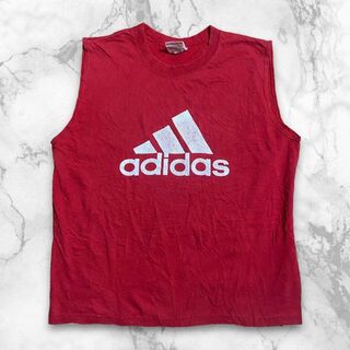 S9110 古着 adidas 赤 アディダス　ロゴ　ビッグ　プリント Tシャツ(Tシャツ/カットソー(半袖/袖なし))