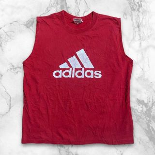 S9110 古着 adidas 赤 アディダス　ロゴ　ビッグ　プリント Tシャツ(Tシャツ/カットソー(半袖/袖なし))