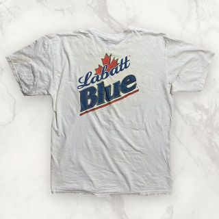 S69 古着 GILDAN   白 ラバット　ブルー　ビール　メーカー Tシャツ(Tシャツ/カットソー(半袖/袖なし))