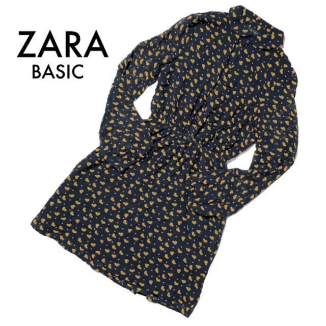 ZARA(ザラ)のザラ ベイシック 長袖シャツワンピース ハート柄 ネイビー シフォン生地 XS レディースのワンピース(ひざ丈ワンピース)の商品写真