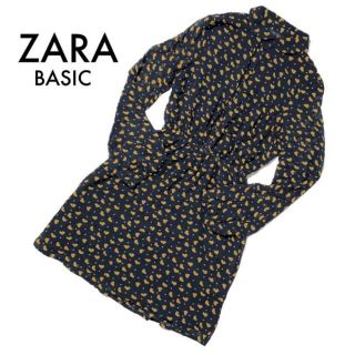 ザラ(ZARA)のザラ ベイシック 長袖シャツワンピース ハート柄 ネイビー シフォン生地 XS(ひざ丈ワンピース)