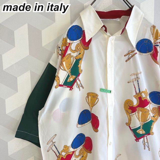 【イタリア製】ビンテージ シルク100% スカーフ柄 メンズ XL 半袖 シャツ