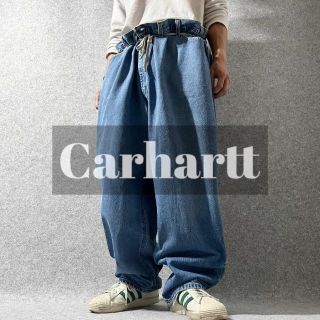 カーハート(carhartt)の【カーハート】革ロゴ 極太 超BIG ルーズ 色落ちデニム ジーンズ 青 W54(デニム/ジーンズ)