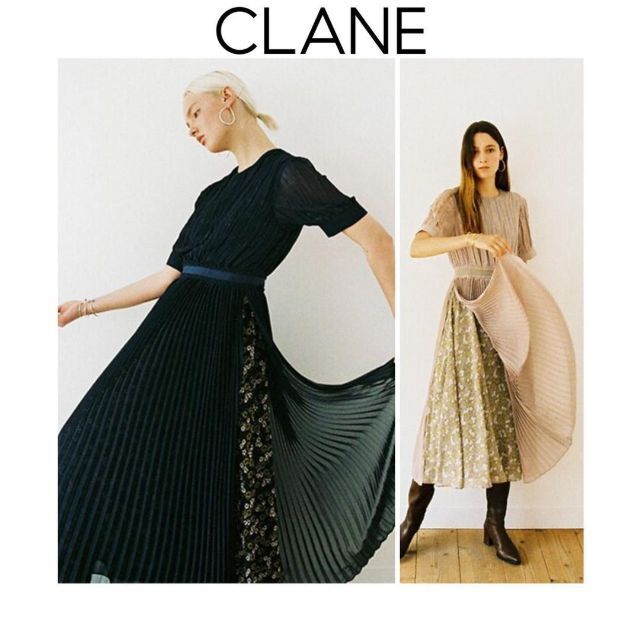 CLANE クラウドフラワーワンピース　ベージュ　ロング　プリーツ　シアー　花柄