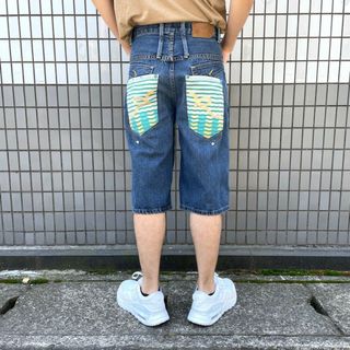 ロカウェア(Rocawear)のUS古着 ロカウェア ROCA WEAR デニム ショートパンツ ロゴ 刺繍 ひざ下 Y2K サイズ：W30 インディゴ 【中古】(スラックス/スーツパンツ)