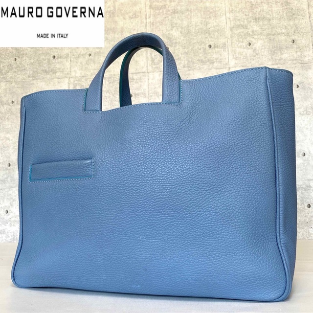 【MAURO GOVERNA】レザー ライトブルー シルバー金具A4トートバッグ