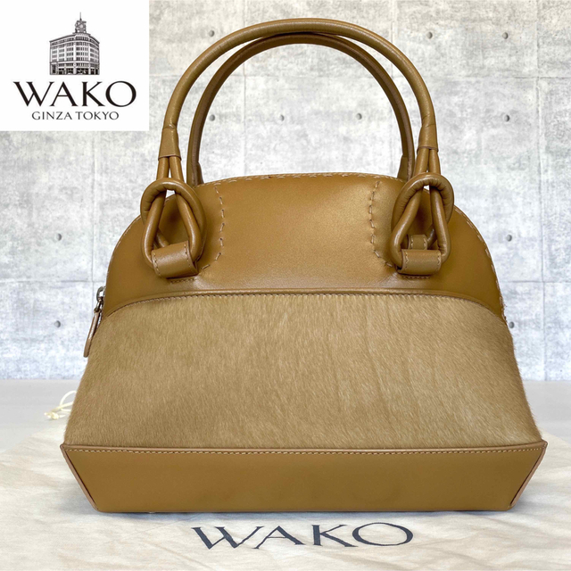 【美品】WAKO 銀座和光 ベージュ レザー×ハラコ シルバー金具 ハンドバッグ