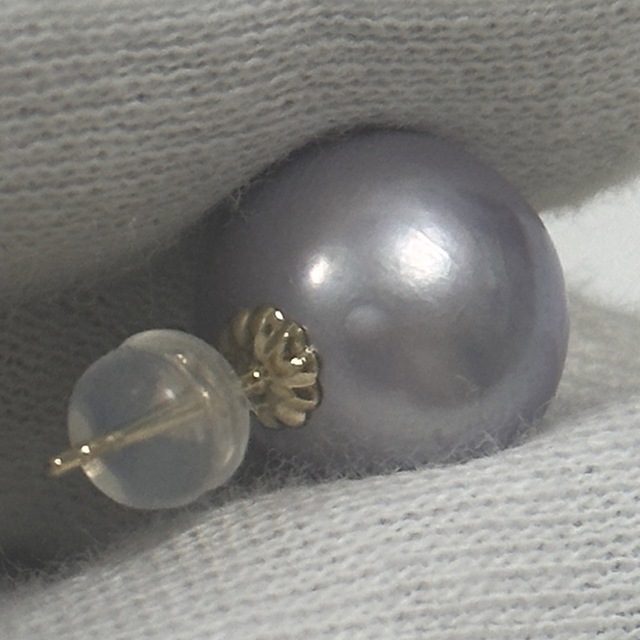 K18高級淡水パールピアス　ナチュラルパープル　天然色　本真珠　大玉
