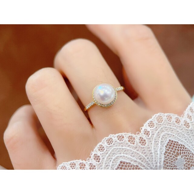 【高級】あこや真珠　ダイヤモンド付きリングk18 レディースのアクセサリー(リング(指輪))の商品写真