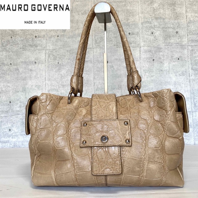 【MAURO GOVERNA】マットクロコダイル ベージュ 肩掛け トートバッグ