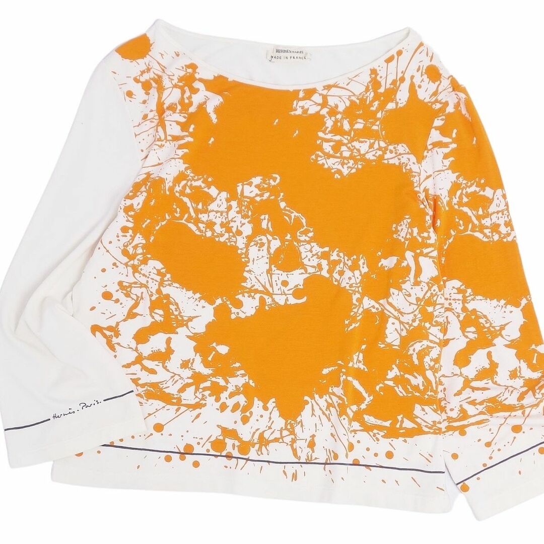 Hermes(エルメス)の美品 エルメス HERMES Tシャツ カットソー マルジェラ期 ロングスリーブ ジャージー ペイント柄 トップス レディース LA オレンジ/ホワイト レディースのトップス(Tシャツ(半袖/袖なし))の商品写真