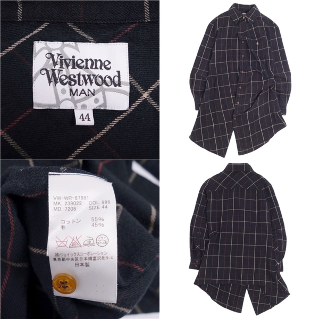 美品 ヴィヴィアンウエストウッドマン Vivienne Westwood MAN シャツ ネルシャツ ロング丈 ロングスリーブ アシンメトリー  チェック柄 ロゴ刺繍 トップス メンズ 44(S相当) ブラック