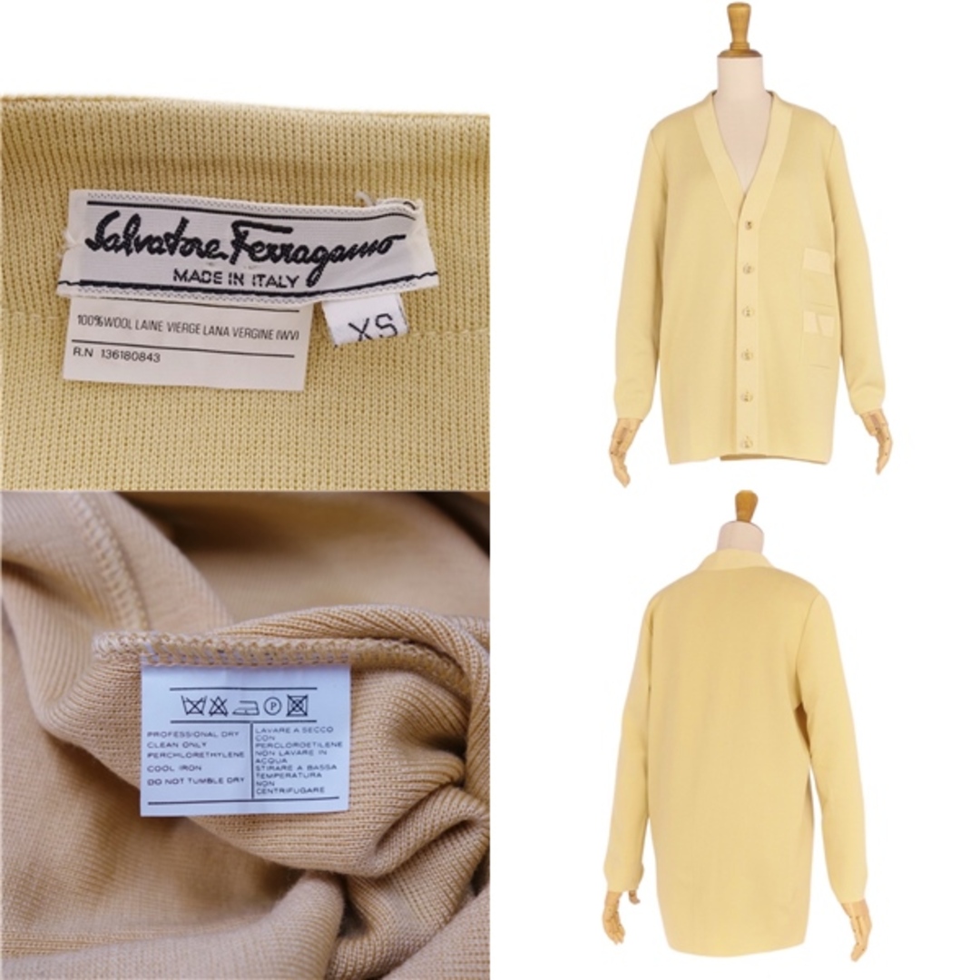 美品 サルヴァトーレ フェラガモ Salvatore Ferragamo ニット カーディガン ウール ロングスリーブ 無地 トップス レディース XS ライトイエロー