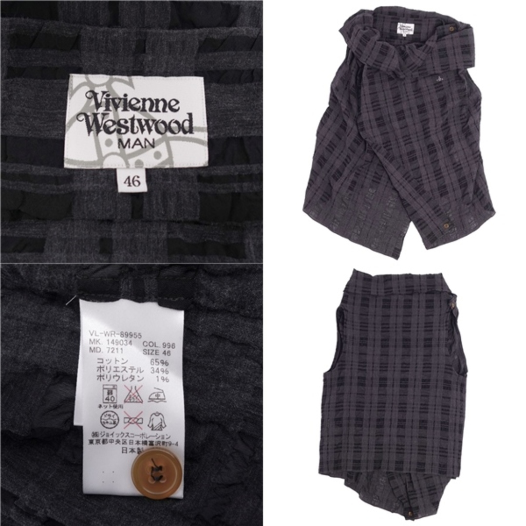 Vivienne Westwood(ヴィヴィアンウエストウッド)の美品 ヴィヴィアンウエストウッドマン Vivienne Westwood MAN シャツ ベスト ジレ ノースリーブ アシンメトリー チェック柄 ロゴ刺繍 トップス メンズ 46(S相当) ダークグレー メンズのトップス(ベスト)の商品写真