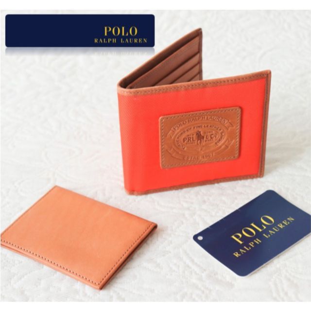 新品【ポロラルフローレン】レザー切替二つ折り財布 パスケース取り外し可 オレンジ