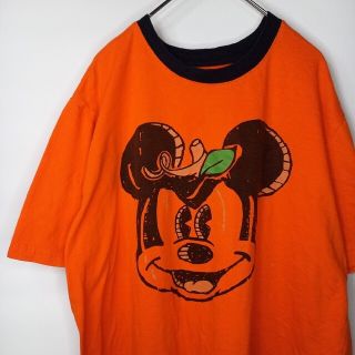 ディズニー(Disney)のディズニー　クルーネック　リンガーTシャツ　半袖　ビッグロゴ　オレンジ(Tシャツ/カットソー(半袖/袖なし))