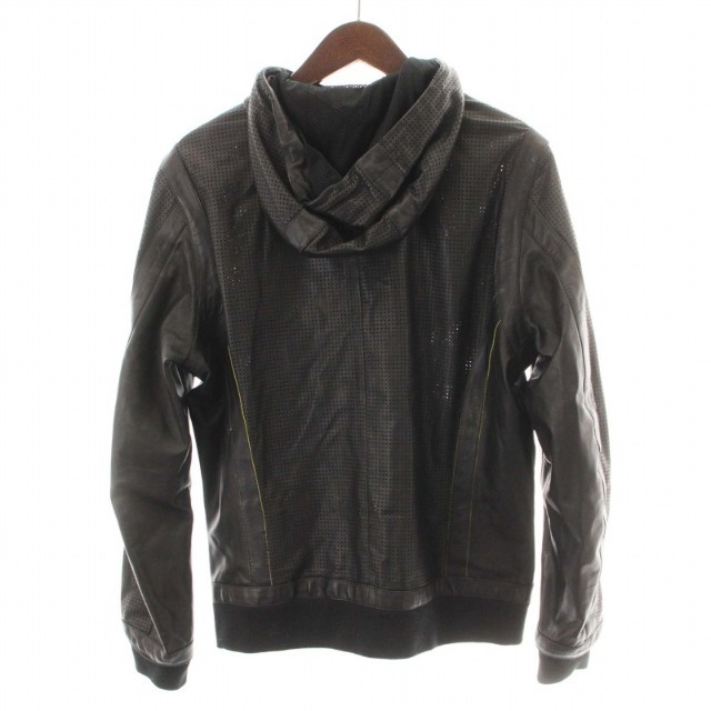 DIESEL パーカー 長袖 パンチングレザー ジップアップ M 黒 ブラック